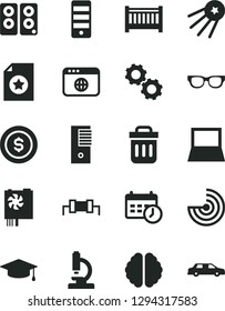 Solid Black Vector Icon Set - baby cot vector, notebook pc, power supply, tower, speaker, browser, trash bin, schedule clock, microscope, glasses, brain, gears, radar, resistor, graduate, limousine