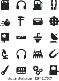 Solid Black Vector Icon Set - iron fork spoons vector, big core, arm saw, washbasin, construction level, headphones, drawer, gas station, industrial factory, gear, conveyor, magnet, calipers, gears