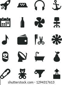 Solid Black Vector Icon Set - calendar vector, safety pin, accessories for a hairstyle, roly poly doll, teddy bear, bath, headphones, anchor, pear, fan screw, satellite dish, Glass bottle, wallet