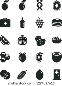 Solid Black Vector Icon Set - measuring bottle for feeding vector, medical bag, a plate of fruit, biscuit, pancakes, honeycombs, half pomegranate, large grape, quince, strawberry, slice water melon