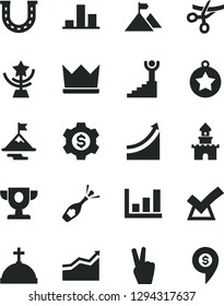 Solid Black Vector Icon Set - chart vector, growth graph, prize, star cup, winner stairway, arrow, medal, motivation, mountain flag, confirm, dollar gear, luck, victory hand, crown, with cross, pin