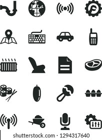Solid Black Vector Icon Set - desktop microphone vector, keyboard, scribbled paper, beanbag, car child seat, motor vehicle, garden trolley, sewerage, star gear, map, bundle of eggs, bacon, sushi set