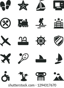 Solid Black Vector Icon Set - Plane Vector, Train, Sail Boat, Backpacker, Atm, Palm Tree, Pool, Cafe, Starfish, Hotel, Disabled, Tennis, Shield, Handwheel, Shark Fin, Column, Windsurfing, Slippers