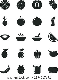 Solid Black Vector Icon Set - a bowl of buckwheat porridge vector, hot, plate milk, chicken, beet, jam, strawberries, orange slice, half apricot, pomegranate, grape, quince, blackberry, blueberry