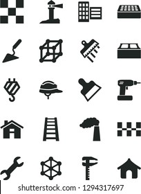 Solid Black Vector Icon Set - house vector, hook, building trowel, cordless drill, stepladder, city block, tile, ceramic tiles, helmet, brick, putty knife, spatula, manufacture, calipers, repair