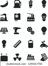 Solid Black Vector Icon Set - matte light bulb vector, drill, banana, charge level, solar panel, gas station, factory, accumulator, hydroelectric, industrial building, gears, energy saving, memory