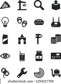 Solid Black Vector Icon Set - repair key vector, incandescent lamp, magnifier, box of bricks, shoes for little children, hawser, eye, coins, unpacking, piece pizza, apple pie, a glass soda, can