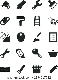 Solid Black Vector Icon Set - paint roller vector, repair key, new abacus, garden trolley, building trowel, hand saw, stepladder, putty knife, clip, Chinese chopsticks, coal mining, cloth industry