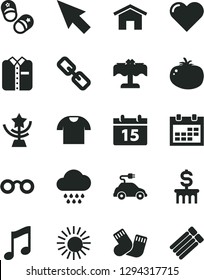 Solid Black Vector Icon Set - calendar vector, spectacles, cloud, warm socks, child shoes, home, heart, music, T shirt, folded, tomato, electric car, cursor, glasses, star cup, dollar column, sun