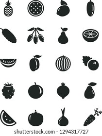 Solid Black Vector Icon Set - cucumber vector, blueberries, a pineapple, pear, orange slice, medlar, blackberry, water melon, goji berry, date fruit, tangerine, ripe plum, yellow lemon, grapefruit