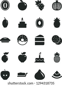 Solid Black Vector Icon Set - cake vector, piece of, slice, birthday, glazed with a hole, pie, biscuit, half pomegranate, grape, quince, red apple, tasty, fig, mulberry, delicious plum, melon, water