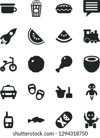 Solid Black Vector Icon Set - image of thought vector, tumbler, toy mobile phone, sand set, children's potty, train, child bicycle, shoes for little children, car, apple pie, chicken leg, cabbage