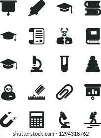 Solid Black Vector Icon Set - clip vector, calculator, stacking rings, books, drawing, square academic hat, magnet, text highlighter, research article, presentation, test tube, microscope, book