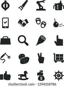 Solid Black Vector Icon Set - cargo trolley vector, magnifier, measuring cup for feeding, small rocking horse, shoes little children, hand saw, core, index finger, grill chicken leg, half of medlar