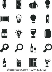 Solid Black Vector Icon Set - matte light bulb vector, measuring cup for feeding, window, frame, interroom door, a glass of soda, jar jam, liquor, mercury, magnifying, test tube, zoom, wine