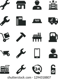 Solid Black Vector Icon Set - repair key vector, workman, building trolley, hammer, smartphone, 24, operator, shipment, gas station, modern, industrial enterprise, steel, kiosk, Express delivery