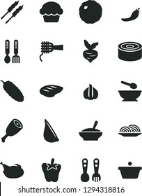 Solid Black Vector Icon Set - deep plate with a spoon vector, plastic fork spoons, iron, canned goods, onion, noodles, cake, bowl of buckwheat porridge, chicken, thigh, chop, barbecue, cabbage, beet