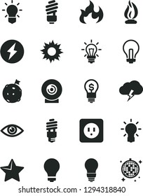 Solid Black Vector Icon Set - matte light bulb vector, incandescent lamp, saving, power socket type b, star, eye, storm cloud, lens, energy, flame, electricity, flag on moon, idea, sun, disco ball