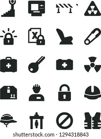 Solid Black Vector Icon Set - prohibition vector, car child seat, safety pin, bag of a paramedic, medical, workman, key, construction helmet, road fence, lock, cardboard box, encrypting, nuclear