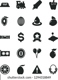 Solid Black Vector Icon Set - warning vector, children's train, yule, colored air balloons, building level, peper, quince, melon, half of mango, loquat, yellow lemon, juicy, drop oil, gpu card, taxi