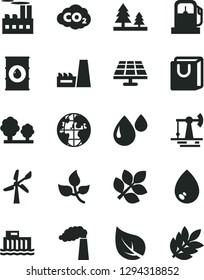 Solid Black Vector Icon Set - drop vector, bag with handles, solar panel, working oil derrick, leaves, leaf, gas station, wind energy, manufacture, hydroelectric, trees, forest, industrial building