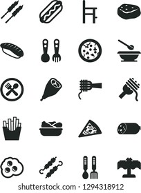 Solid Black Vector Icon Set - plates and spoons vector, a chair for feeding, plastic fork, iron, sausage, pizza, piece of, Hot Dog, spaghetti, noodles, lettuce in plate, grill chicken leg, barbecue