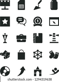 Solid Black Vector Icon Set - paper bag vector, warm socks, Knitted, box of bricks, building trowel, notebook, SIM card, jar, lighthouse, billboard with illumination, portfolio, ring diagram, star