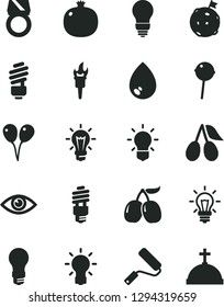 Solid Black Vector Icon Set - colored air balloons vector, new roller, saving light bulb, eye, drop, Chupa Chups, pomegranate, cornels, tasty, energy, flame torch, flag on moon, gold ring