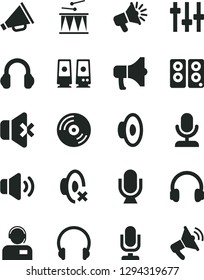 Solid Black Vector Icon Set - desktop microphone vector, horn, loudspeaker, silent mode, drumroll, headphones, CD, volume, no sound, operator, megaphone, pc speaker, settings