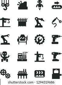 Solid Black Vector Icon Set - crane vector, winch hook, gears, concrete mixer, cordless drill, gear, industrial enterprise, conveyor, production, cloth industry, tower, gas welding, robot welder