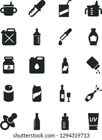 Solid Black Vector Icon Set - dummy vector, mug for feeding, measuring cup, bottle, powder, baby, e, soda can, jar of jam, liquor, canister, oil, Glass, pipette, wine, champagne, uv cream