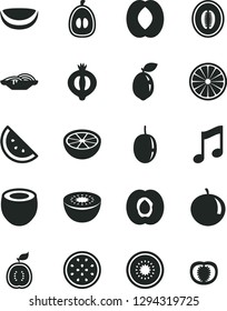 Solid Black Vector Icon Set - music vector, slices of onion, orange slice, half apricot, medlar, peach, melon, tangerine, loquat, passion fruit, kiwi, sour lime, guawa, piece coconut, grapefruit