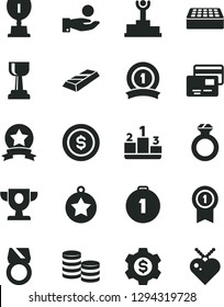 Solid Black Vector Icon Set - brick vector, cards, pedestal, coins, catch a coin, winner podium, prize, award, gold cup, star medal, first place, with pennant, ribbon, diamond ring, bar, dollar
