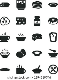 Solid Black Vector Icon Set - deep plate with a spoon vector, coffee, sausage, piece of cheese, eggs, loaf, cake hole, bowl buckwheat porridge, in saucepan, hot, milk, cup tea, glass, omelette, cafe