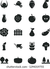 Solid Black Vector Icon Set - garden trolley vector, building, hedge, tomato, strawberries, pear, mint, squash, tasty apple, raspberry, rose hip, plum, physalis, stub, broccoli, eggplant, pumpkin