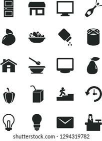 Solid Black Vector Icon Set - house vector, incandescent lamp, monitor, baby powder, plates and spoons, packing of juice with a straw, bulb, interroom door, tin, plate fruit, pear, yellow lemon
