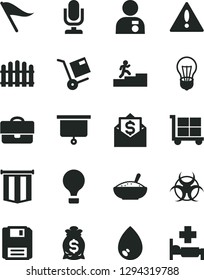 Solid Black Vector Icon Set - warning vector, desktop microphone, cargo trolley, wind direction indicator, hedge, drop, shipment, a bowl of rice porridge, bulb, portfolio, floppy, biohazard, mail