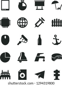 Solid Black Vector Icon Set - bell vector, paper airplane, pie chart, paint roller, hedge, faucet mixer, timer, earth, anchor, cheese, industrial factory, Glass bottle, billboard, tablet pc, mouse