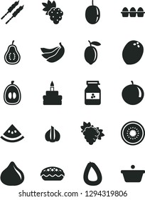 Solid Black Vector Icon Set - stick of sausage vector, bundle eggs, birthday cake, apple pie, barbecue, jar jam, grape, branch, fig, tangerine, half loquat, passion fruit, lemon, bananas, kiwi, pan