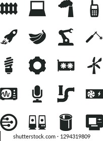 Solid Black Vector Icon Set - desktop microphone vector, saving light bulb, new radiator, bananas, wind energy, water pipes, manufacture, welding, assembly robot, space rocket, mobile phone, speaker