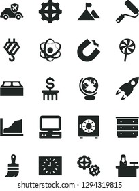 Solid Black Vector Icon Set - chest of drawers vector, hook, gears, new roller, wooden paint brush, building block, strongbox, lollipop, gear, autopilot, horseshoe magnet, black clock, computer
