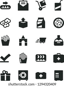 Solid Black Vector Icon Set - bag of a paramedic vector, medical, e, box bricks, received letter, put in, strongbox, gift, package, shipment, unpacking, pizza, French fries, fried potato slices