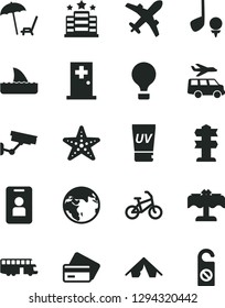 Solid Black Vector Icon Set - earth vector, bus, air balloon, bike, plane, credit card, tent, arnchair under umbrella, uv cream, medical room, restaurant, starfish, hotel, transfer, surveillance