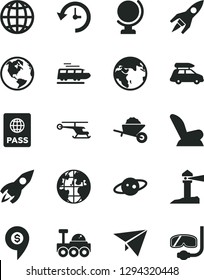Solid Black Vector Icon Set - car child seat vector, garden trolley, globe, earth, passport, coastal lighthouse, rocket, planet, history, saturn, lunar rover, paper plane, helicopter, dollar pin