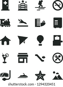 Solid Black Vector Icon Set - train vector, air balloon, hang glider, backpacker, escalator, baggage scanner, arrival, hotel, boungalow, cocktail, medical room, cafe, starfish, diving mask, safe