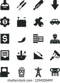 Solid Black Vector Icon Set - downward direction vector, archive, mercury thermometer, motor vehicle, builder, paint roller, city block, put in a box, barbecue, cup of popcorn, red pepper, recession