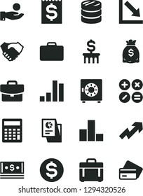 Solid Black Vector Icon Set - growth up vector, calculator, bar chart, negative, case, suitcase, strongbox, math actions, column of coins, dollar, financial item, catch a coin, hand shake, dollars