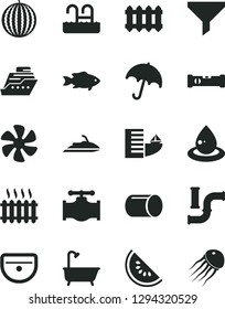 Solid Black Vector Icon Set - sink vector, bath, construction level, new radiator, umbrella, fish, water melon, slice of, marine propeller, valve, pipes, drop oil, pipe, cast iron, filter, hotel