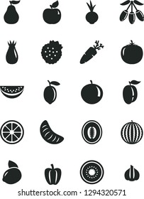 Solid Black Vector Icon Set - beet vector, carrot, strawberries, apricot, rose hip, water melon, goji berry, half, slice, tangerine, of, ripe plum, lemon, yellow, juicy, kiwi, guava, persimmon