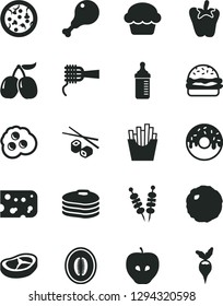 Solid Black Vector Icon Set - measuring bottle for feeding vector, piece of cheese, fried vegetables on sticks, pizza, burger, noodles, cake, glazed with a hole, chicken leg, bacon, cabbage, peper